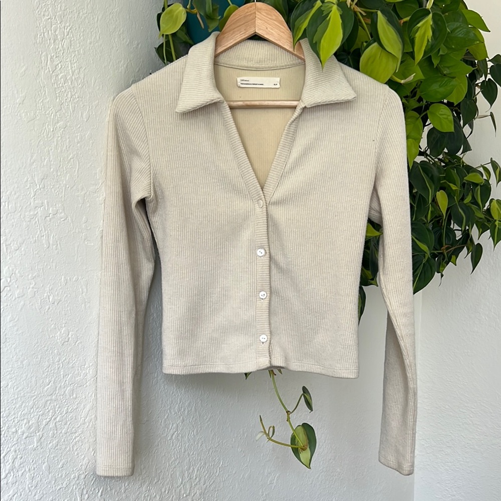 OAK + FORT Cream Fitted Long Sleeve Notched Collar Shirt